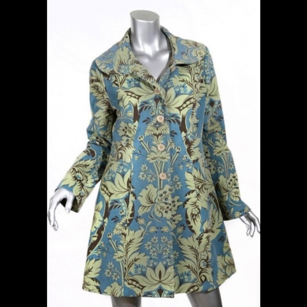 Anthropologie Elevenses Green/Blue Floral Corduroy Coat Size 12 EUC
